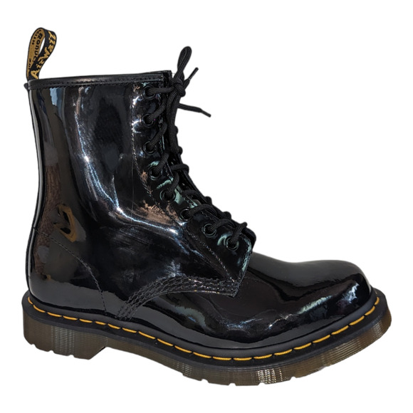 Dr, Martens Black Patent Leather 1460 Lamper Boots Yellow Stitching Size 10 NWOT - Picture 12 of 13